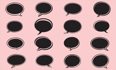 A set of speech bubbles in black, isolated on a pink background.