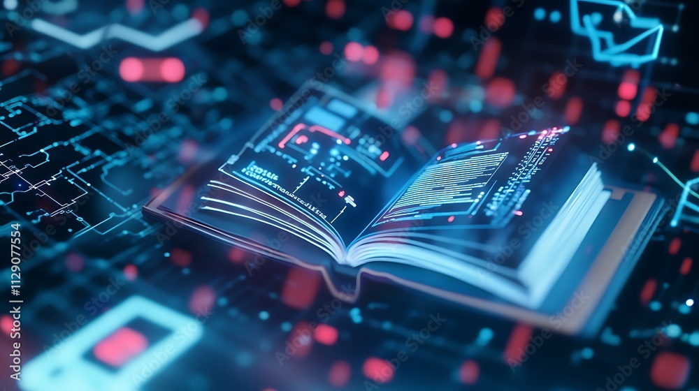 Fototapete digital knowledge and information flow with open book and data background