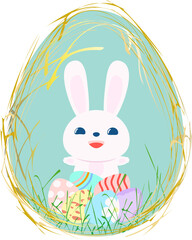 Funny Rabbit in Easter Egg Cute Cartoon Character  Illustration 