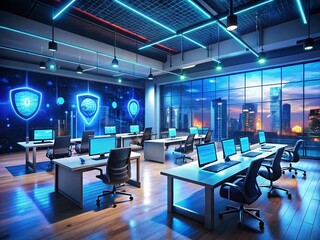 Night Photography of a High-Tech Workspace Featuring Cybersecurity Training and Augmented Reality Simulations with Futuristic Displays and Engaged Individuals in a Modern Office Environment