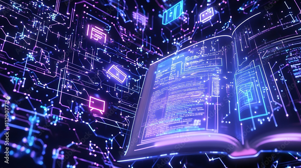 Poster digital knowledge and information flow with open book and data background