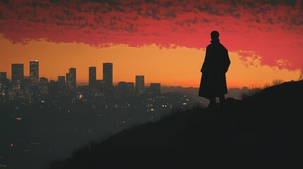 Fototapeta premium Cinematic mood Concept. A silhouetted figure stands on a hill, overlooking a city skyline against a vibrant sunset sky filled with dramatic colors.