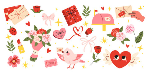 Set of cartoon cute stickers for  Valentine's Day. Girly patches with bows, bouquet of flowers, gifts, love letters, lipstick, roses, ribbons in retro doodle groovy vintage 90s style