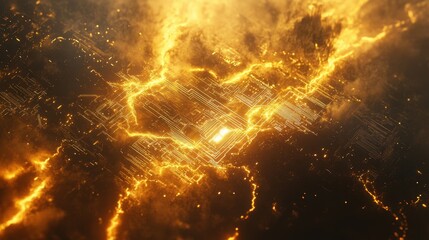 Fiery Circuit Board Abstract Background: Technology and Energy Concept