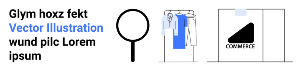 Various e-commerce elements including a clothes rack, a magnifying glass, and a store display. Ideal for online shopping, retail, clothing, search functionality, marketing, commerce digital