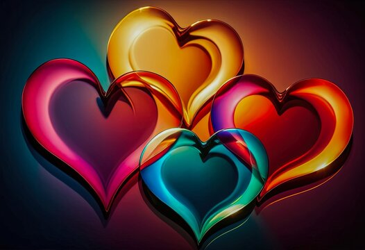 Four shining colorful hearts on a gradient backdrop.