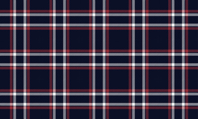 Fototapeta premium Plaid fabric pattern, navy, red, white, seamless for textiles, and for designing clothes, skirts, pants or decorative fabrics. Vector illustration, easy to edit file.