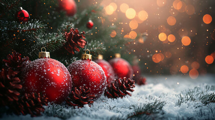 Christmas background with fir tree and sparkle toys, New Year. AI generative
