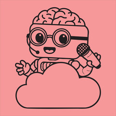 brain character with mic and happy expression in silhouette. vector of a robot with a brain, brain with heart