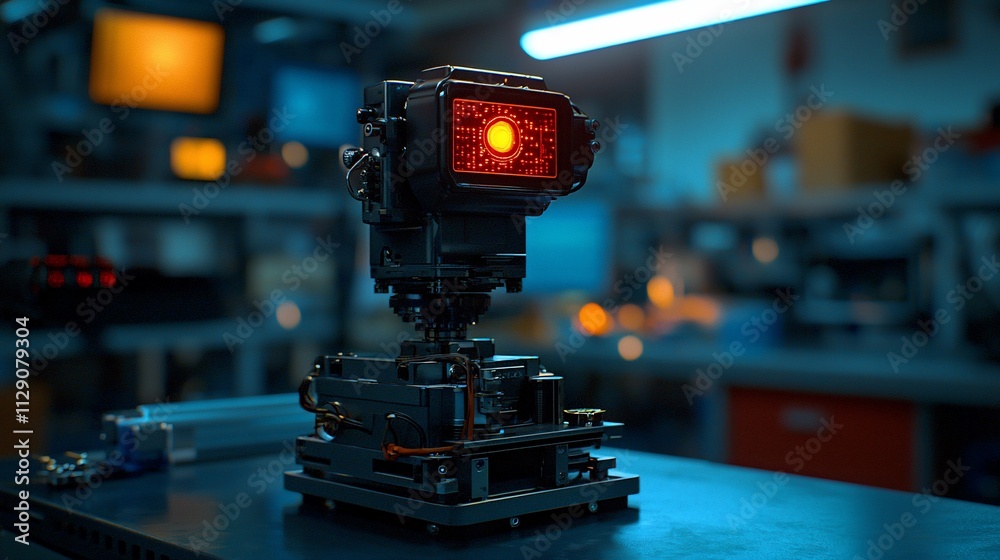 Poster Futuristic robot with glowing red light in workshop.