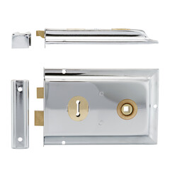 Chrome-Plated Door Lock Set with Keyhole and Strike Plate on White Background