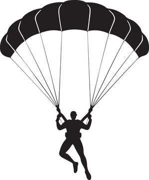 Skydiver flying with parachute silhouette illustration on white background.