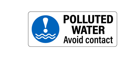 Polluted water, avoid contact. Blue circle warning sign with exclamation mark over water waves and text by side. Horizontal shape.