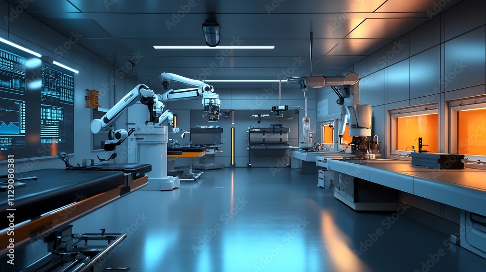 Poster futuristic robotic surgery lab with advanced technology.