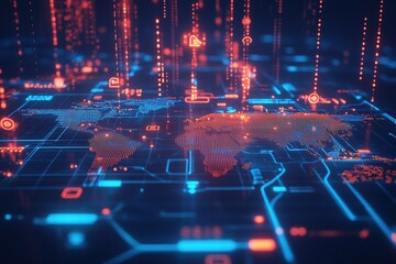Fototapeta premium Futuristic digital map of the world with glowing red and blue elements, representing global data networks, technology, and cybersecurity