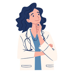 Female doctor with glasses in pensive pose, thinking, problem solving. Flat vector illustration, simple style, white background . Vector illustration