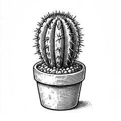 Potted Cactus in Ceramic Pot line sketch engraving. black and white.