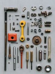 Obraz premium Numerous car parts and tools are organized on a flat surface, featuring bolts, nuts, spark plugs, and wrenches for repair work. Generative AI