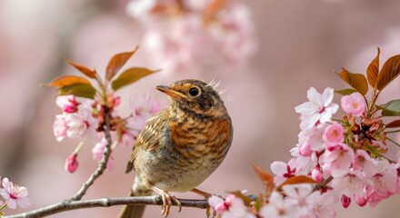 Charming bird amid cherry blossoms in springtime nature scene