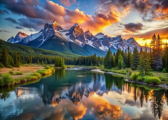 Panoramic Sunrise Over Majestic Snow-Capped Mountains and Serene River Valley, Capturing Nature's Splendor in a Dreamlike Landscape