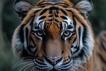 Fototapeta premium Majestic tiger gazes directly with powerful presence in a natural habitat setting