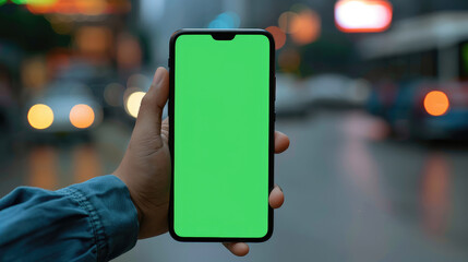 person holding smartphone with green screen in city setting, showcasing urban life and technology. blurred background adds depth and context