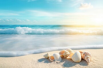 Seashells on Sandy Beach Near Ocean Waves Under Sunny Sky