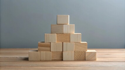 A simple arrangement of wooden blocks stacked in a pyramid shape on a wooden table with a gray background