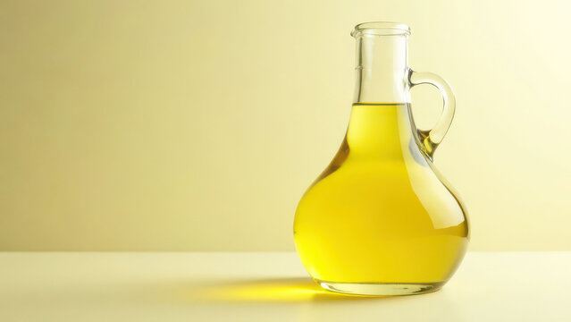 Glass jug of olive oil on yellow background