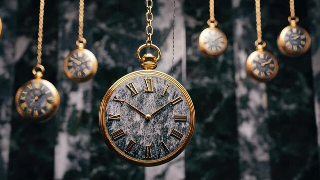 Swinging pocket watch on a gold chain showcasing timeless elegance