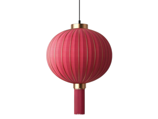 A vibrant red lantern featuring a traditional round shape, adorned with gold accents and a decorative tassel.