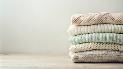 A stack of neatly folded knitted sweaters in various soft colors, showcasing a cozy and comforting aesthetic, resting on a rustic wooden surface.