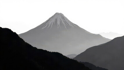 Fototapeta premium Majestic snow-capped mountain peak amidst misty hills at sunrise