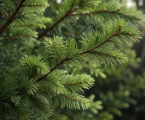 close-up of pine needles on a coniferous branch, coniferous plant, twig details, forest elements