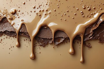 Melted milk chocolate dripping on an isolated background. Wave of liquid dripping down from above....