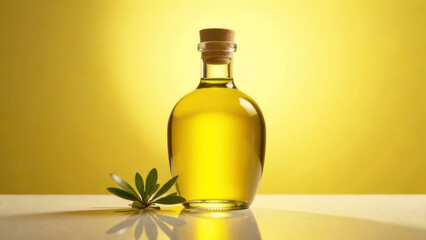 Glass bottle of olive oil with olive leaf on yellow background