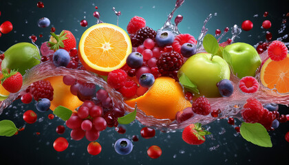 Sweet tropical fruits and mixed berries in juice splash. Orange, lime, grapes, apple,