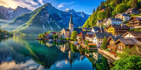 Fototapeta premium Panoramic View of Hallstatt Village in the Austrian Alps: A Breathtaking Landscape of Historic Architecture, Serene Lake, and Majestic Mountains Under a Clear Blue Sky