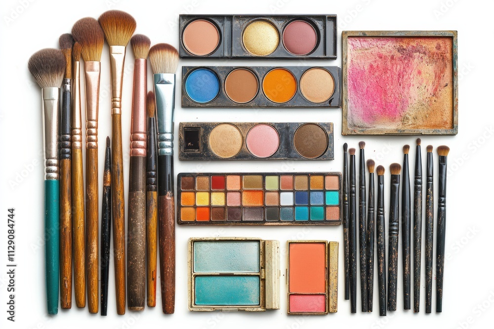 Poster A colorful array of brushes, eyeshadows, lipsticks, and powders is displayed on a clean surface, inviting creativity in makeup artistry. Generative AI