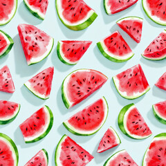 Seamless watermelon pattern featuring watercolor watermelon slices on a light pastel background, showcasing various sizes and angles of the slices with bright green rinds and juicy red flesh.