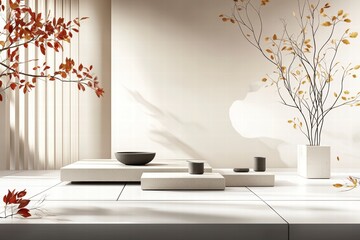 Minimalist Autumnal Still Life with Concrete Platforms.