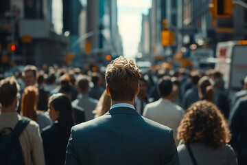 Man in Grey Suit Walking Away in Busy City Sunlight
