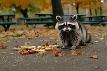 Fototapeta premium Raccoon finds food in a park surrounded by autumn leaves and trees
