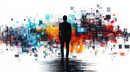 Silhouette of Man Against Colorful Abstract Digital Background - Modern, Futuristic and Technological Design