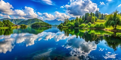 Picturesque Lake Mirroring a Clear Blue Sky on World Water Day, Capturing the Beauty of Khal Bilas During Monsoons with Lush Greenery and Vibrant Reflections