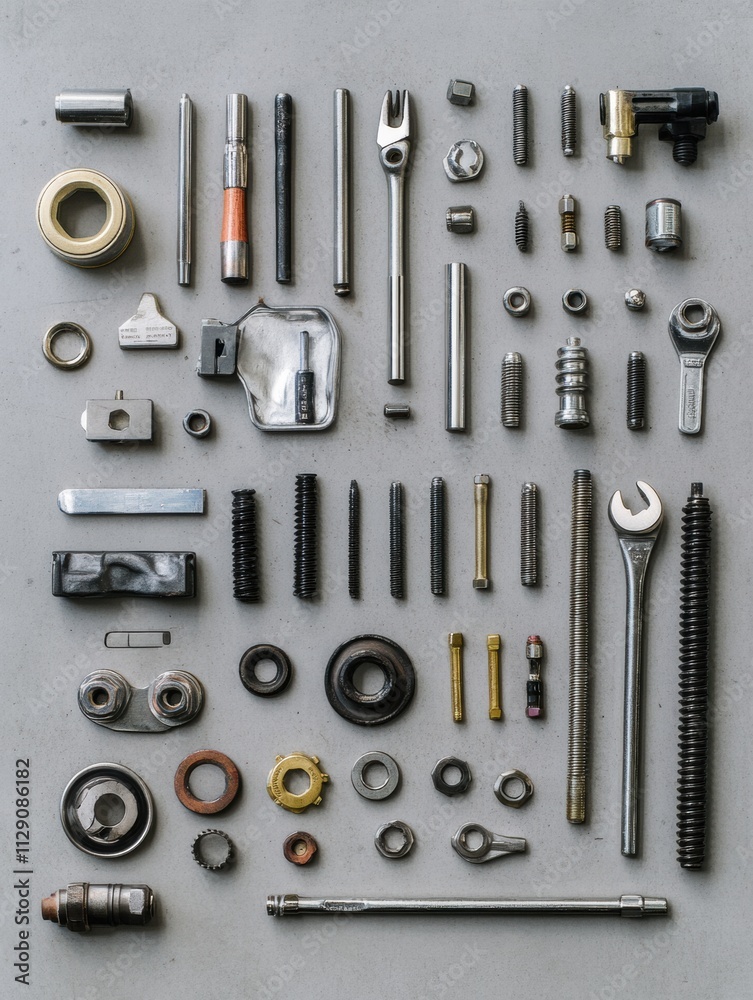 Fototapete various car parts and tools are systematically displayed on a gray surface, featuring bolts, nuts, s