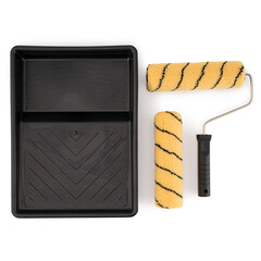 Black Paint Tray Set with Yellow Striped Rollers and Ergonomic Handle