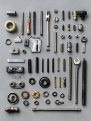Various car parts and tools are systematically displayed on a gray surface, featuring bolts, nuts, spark plugs, and wrenches in a clean layout. Generative AI