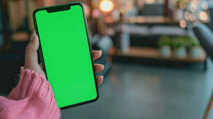 person holding smartphone with green screen in cozy indoor setting, perfect for showcasing apps or designs. background features soft lighting and furniture