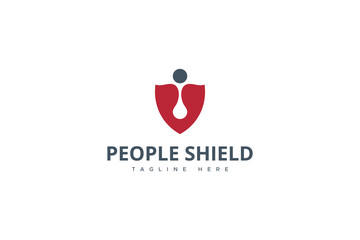 People Care And Protection Logo. Human Symbol Combined With Shield Isolated On White Background. Flat Vector Logo Design Template Element Usable For Healthcare And Security Logos.